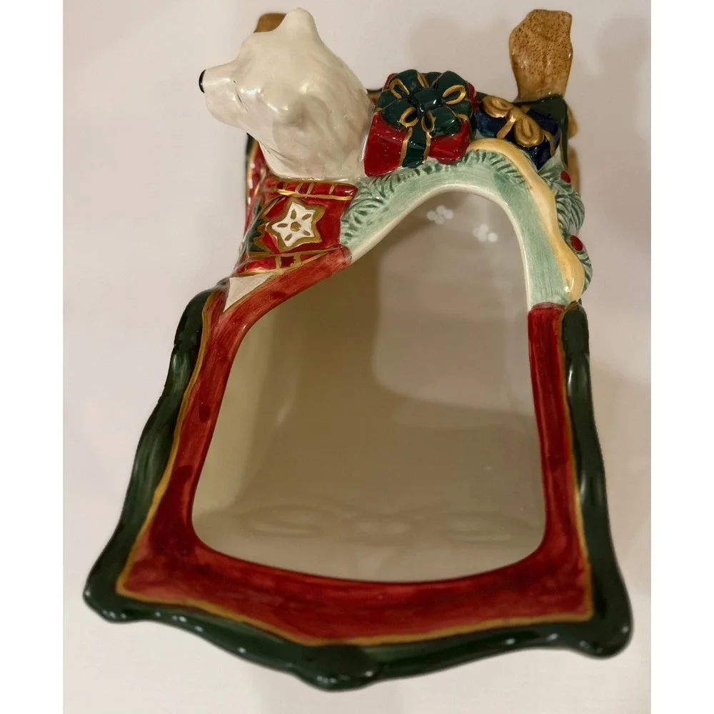 Fitz and Floyd Christmas Tidings Sleigh Candy Dish Polar Bear Presents Tree